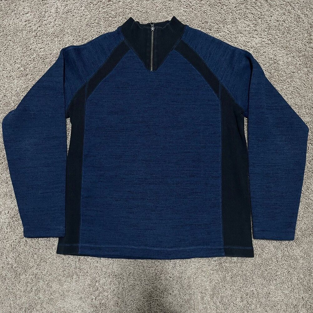 REI Sweater Mens Large Blue 1/4 Zip Mockneck Ribbed Side Panels Hiking Outdoor